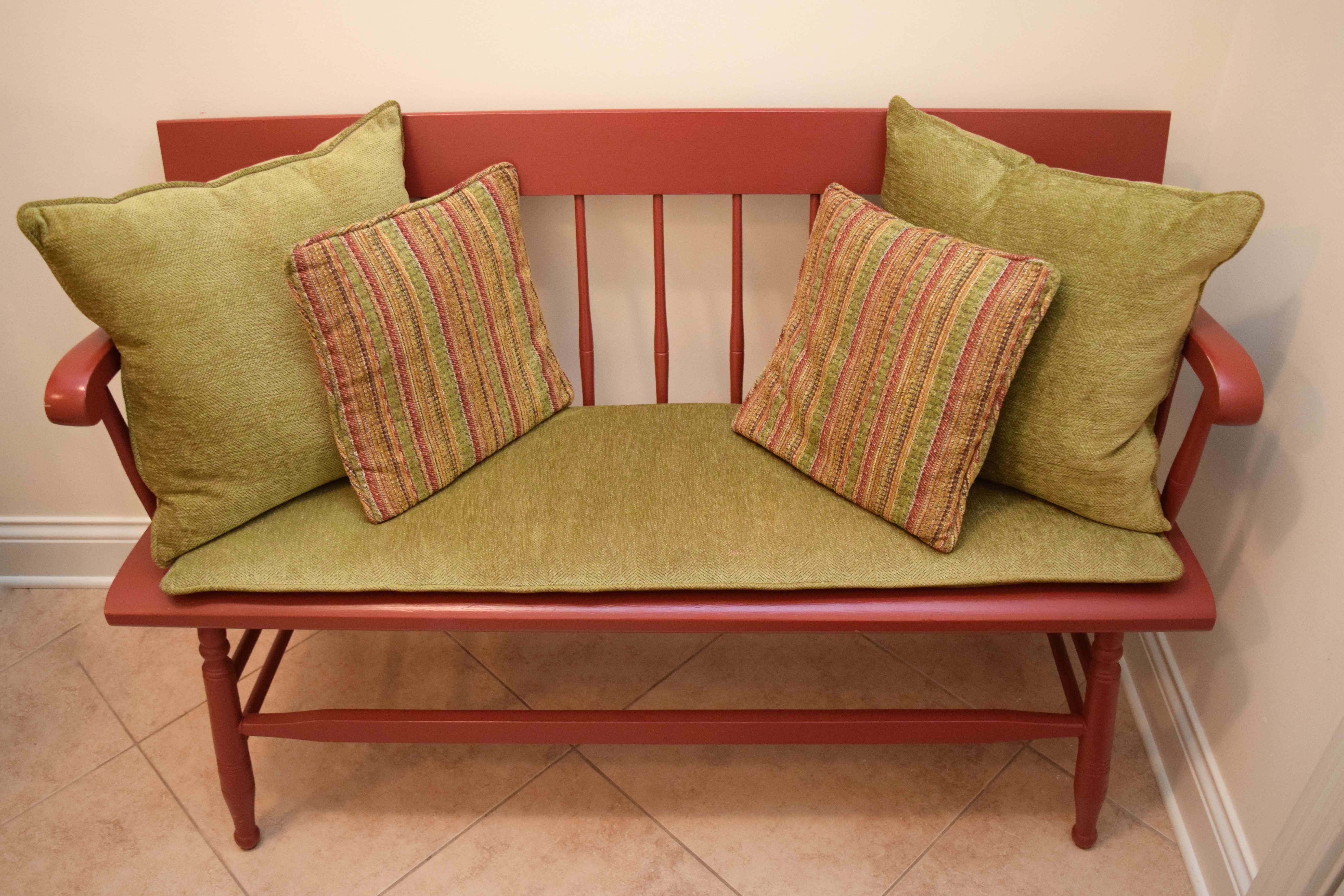 Vintage Hand-Painted Deacon's Bench with Cushions