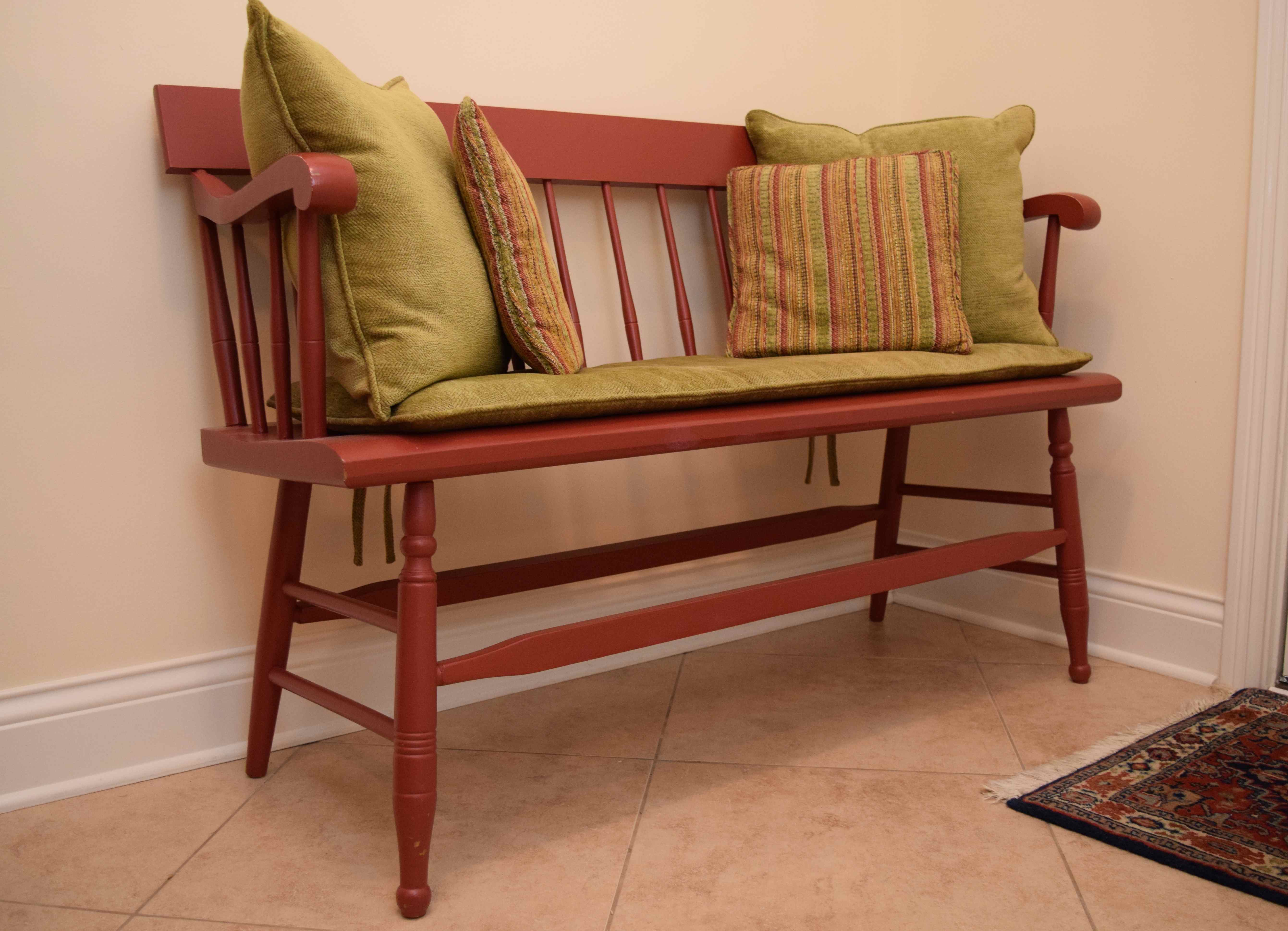 Vintage Hand-Painted Deacon's Bench with Cushions
