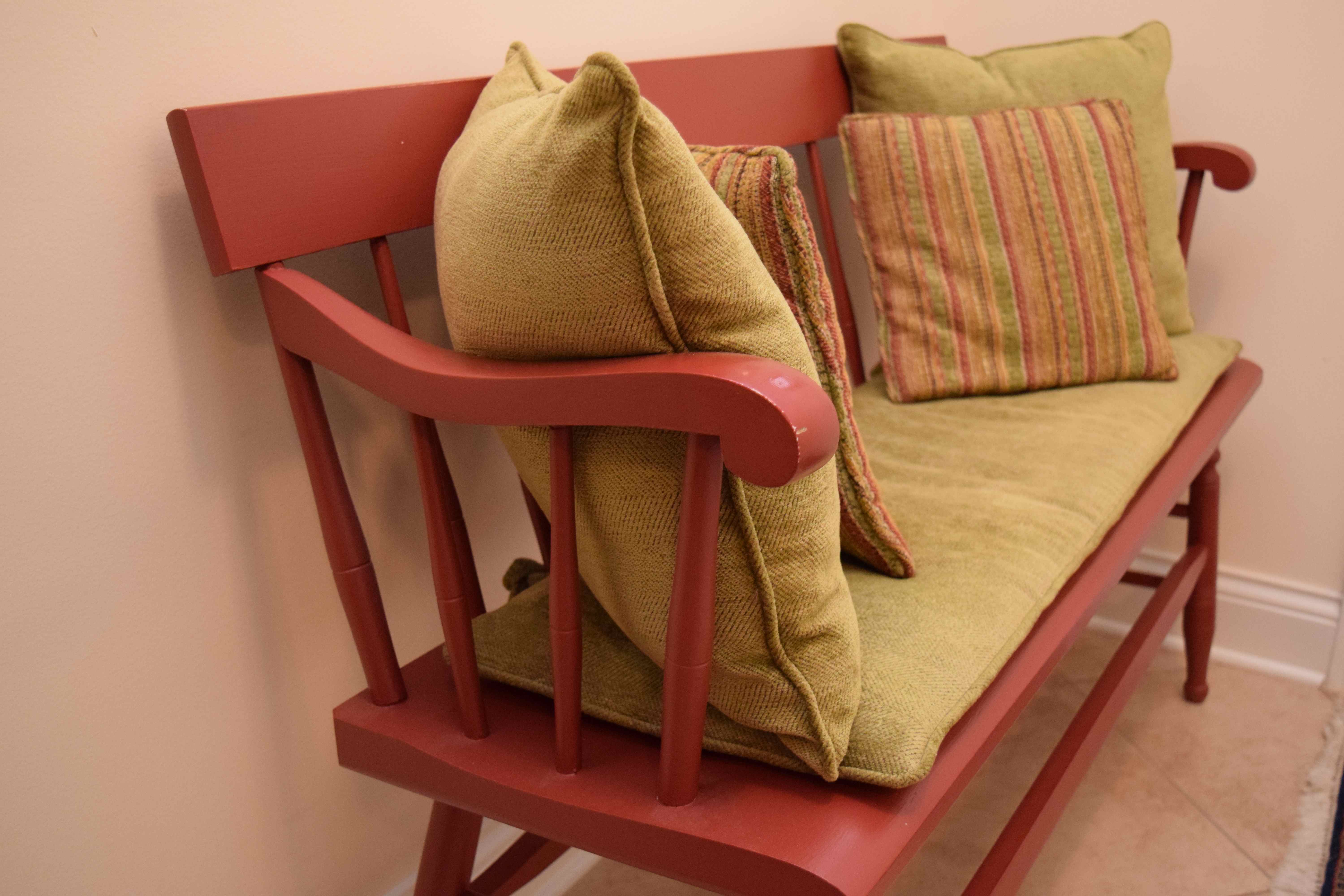 Vintage Hand-Painted Deacon's Bench with Cushions