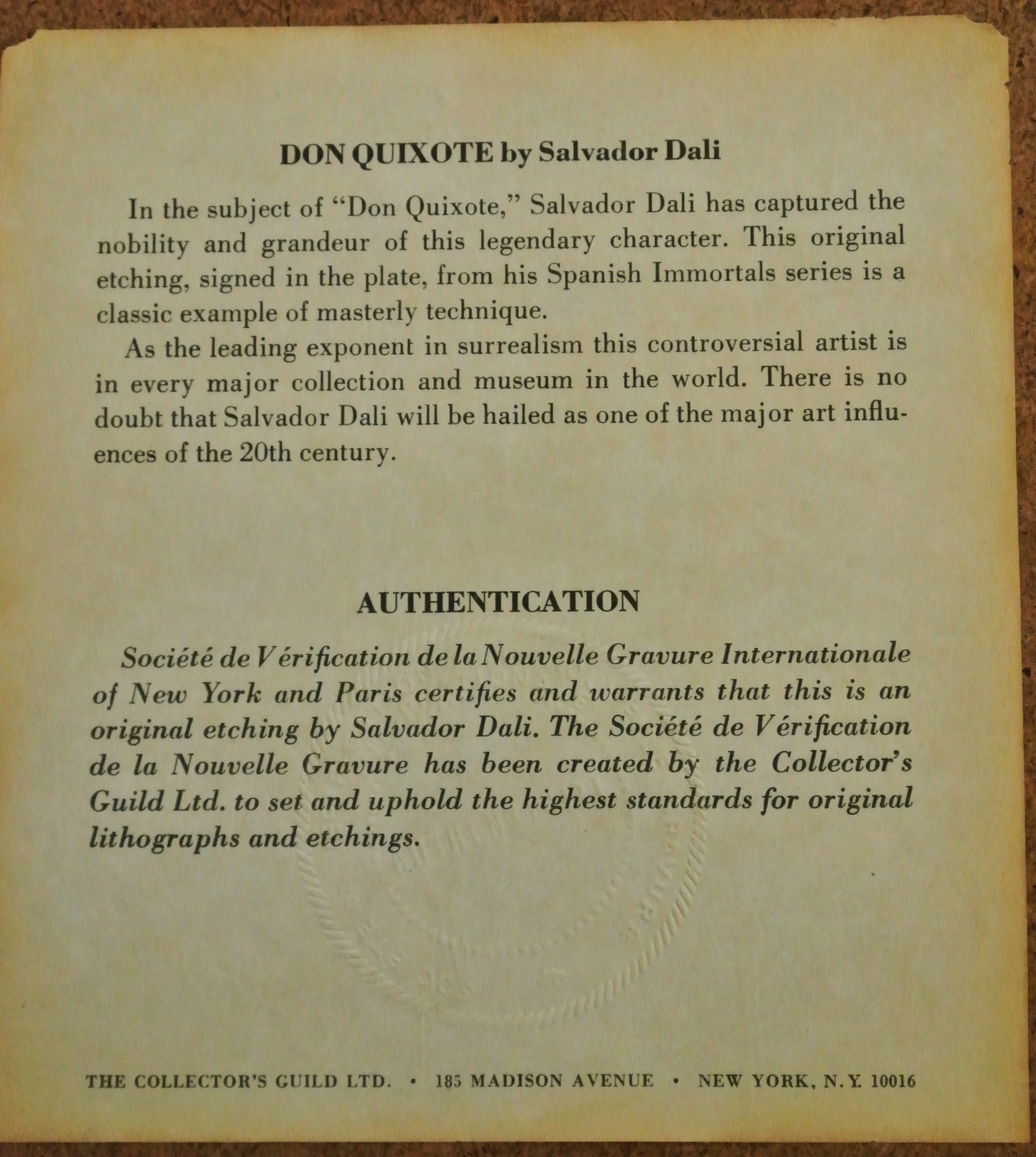 Salvador Dali Original Etching Of Don Quixote