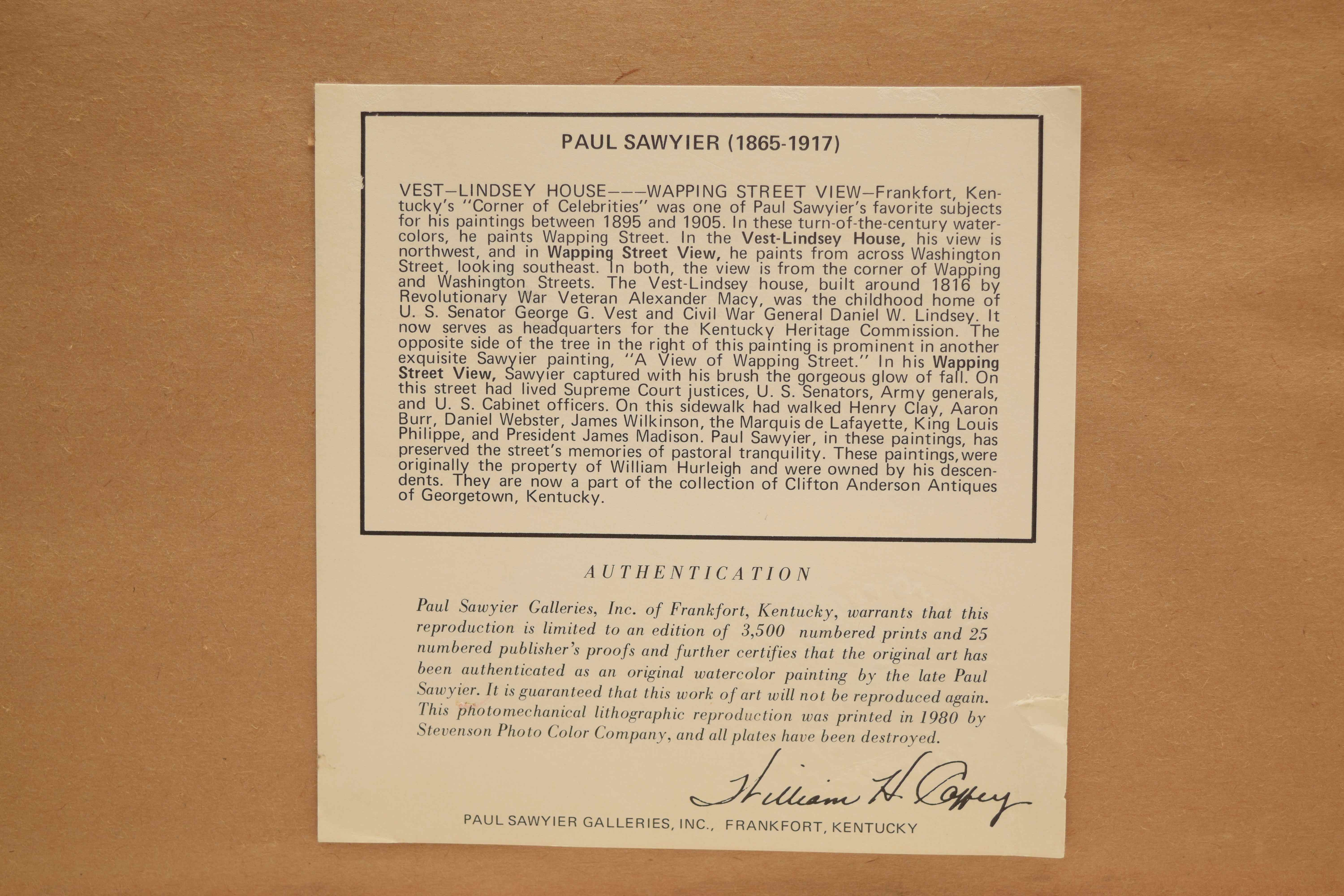 Paul Sawyier "Vest Lindsey House" & "Wapping Street View" Prints