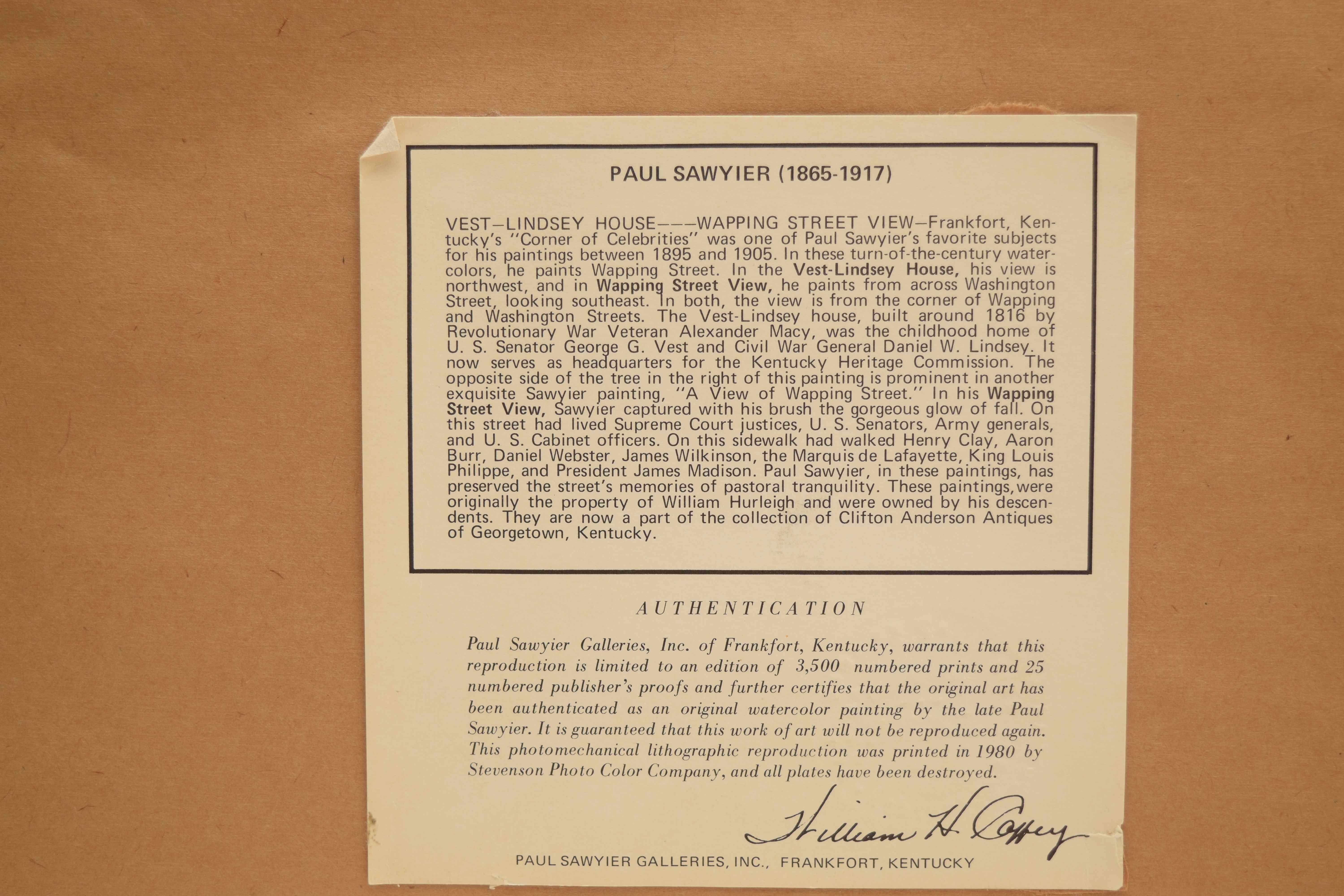 Paul Sawyier "Vest Lindsey House" & "Wapping Street View" Prints