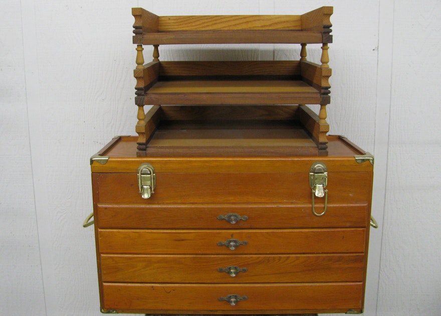 Oak and Brass Storage Box and Desk Organizer