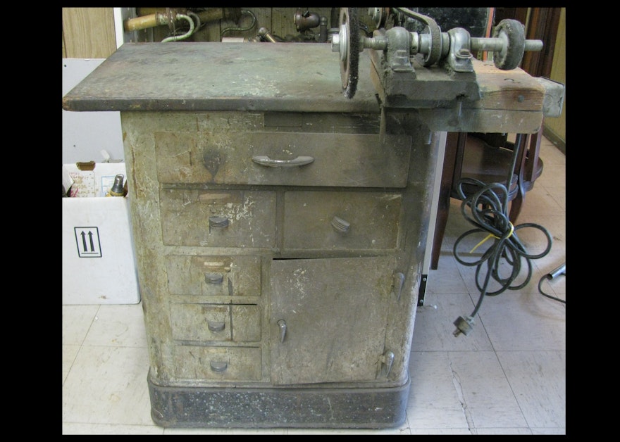 Vintage Belt-Drive Bench Grinder and Cabinet