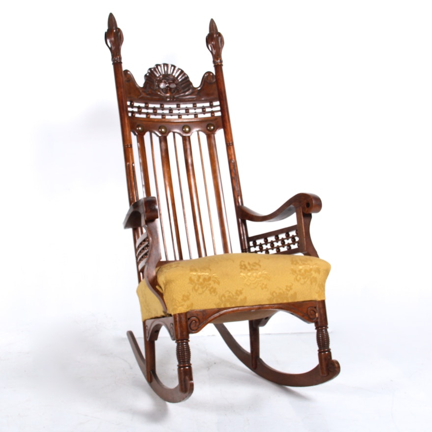 Antique Victorian Benjamin Franklin Hand-Carved Rocking Chair