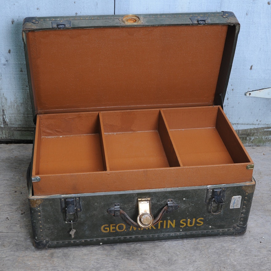 Vintage Spaulding Steamer Trunk with Leather Handles and Interior