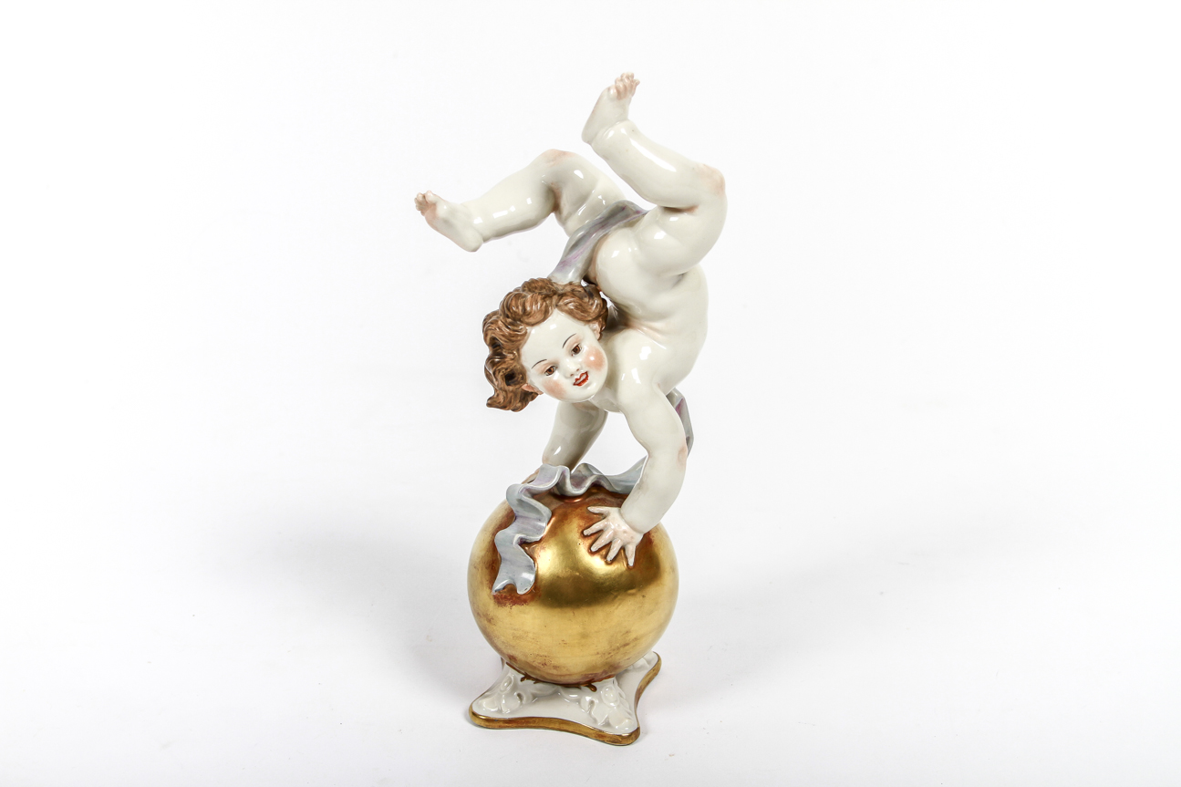 Rare Boy on Ball German Figurine by Professor Theodor Karner