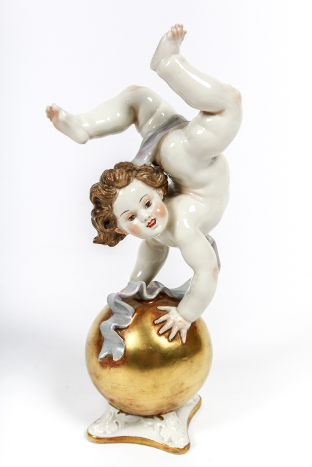 Rare Boy on Ball German Figurine by Professor Theodor Karner