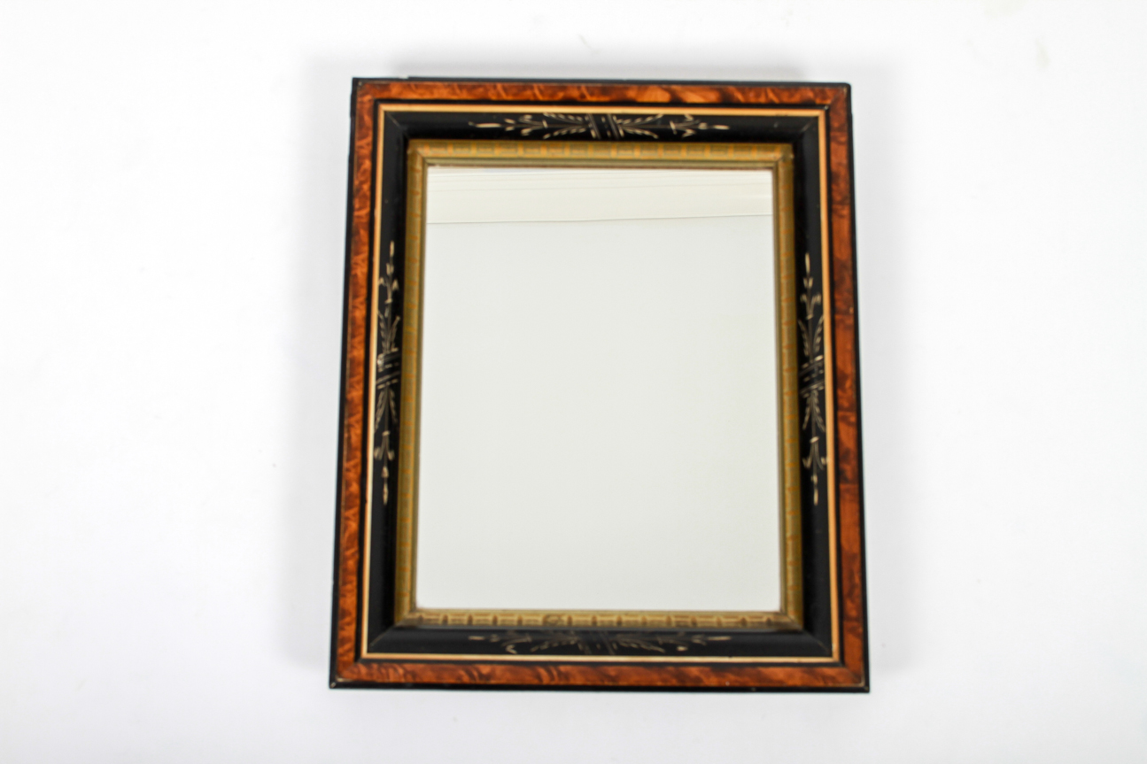 Vintage Small Wood Mirror With Black Inner Beveled Trim
