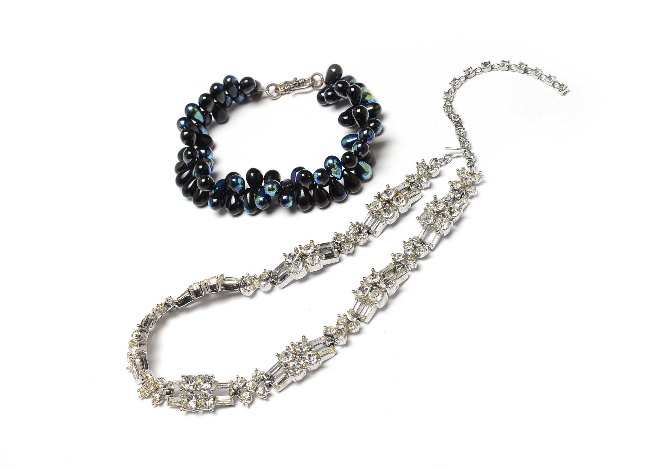 Vintage Rhinestone Choker and Black Opalescent Beaded Bracelet