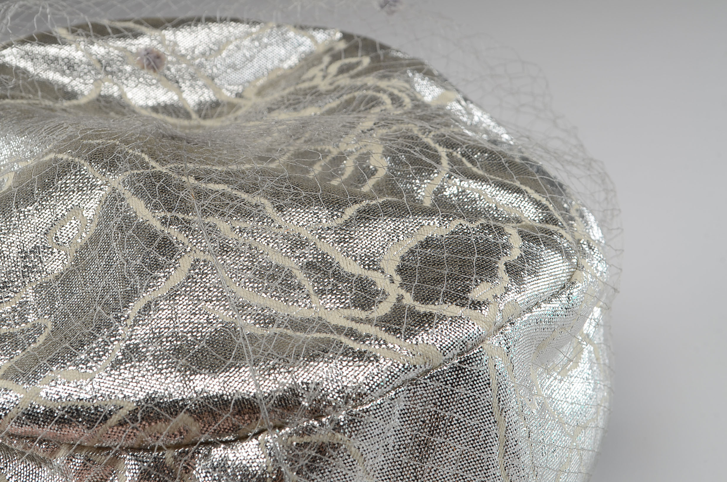 Vintage Metallic Veiled Pill Box Hat