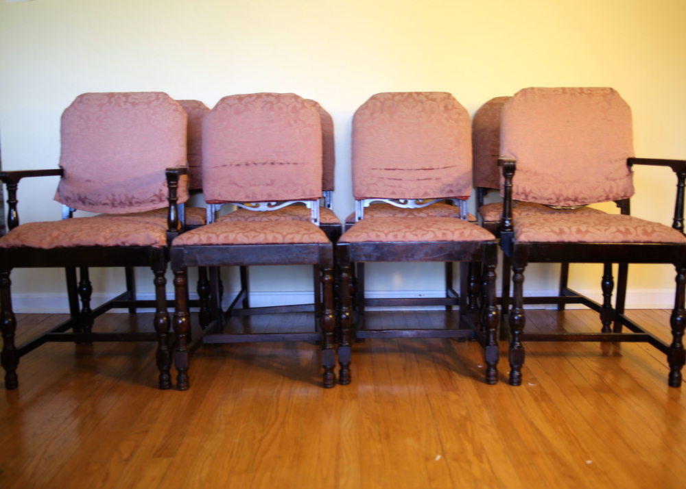 Set of Eight Upholstered Oak Frame Victorian Style Dining Chairs