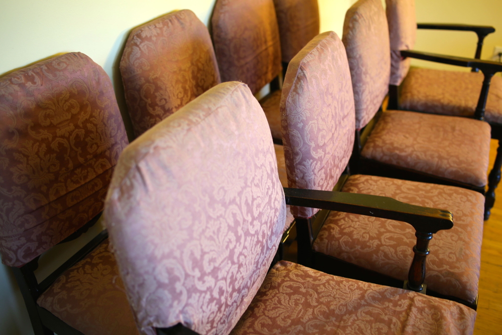 Set of Eight Upholstered Oak Frame Victorian Style Dining Chairs