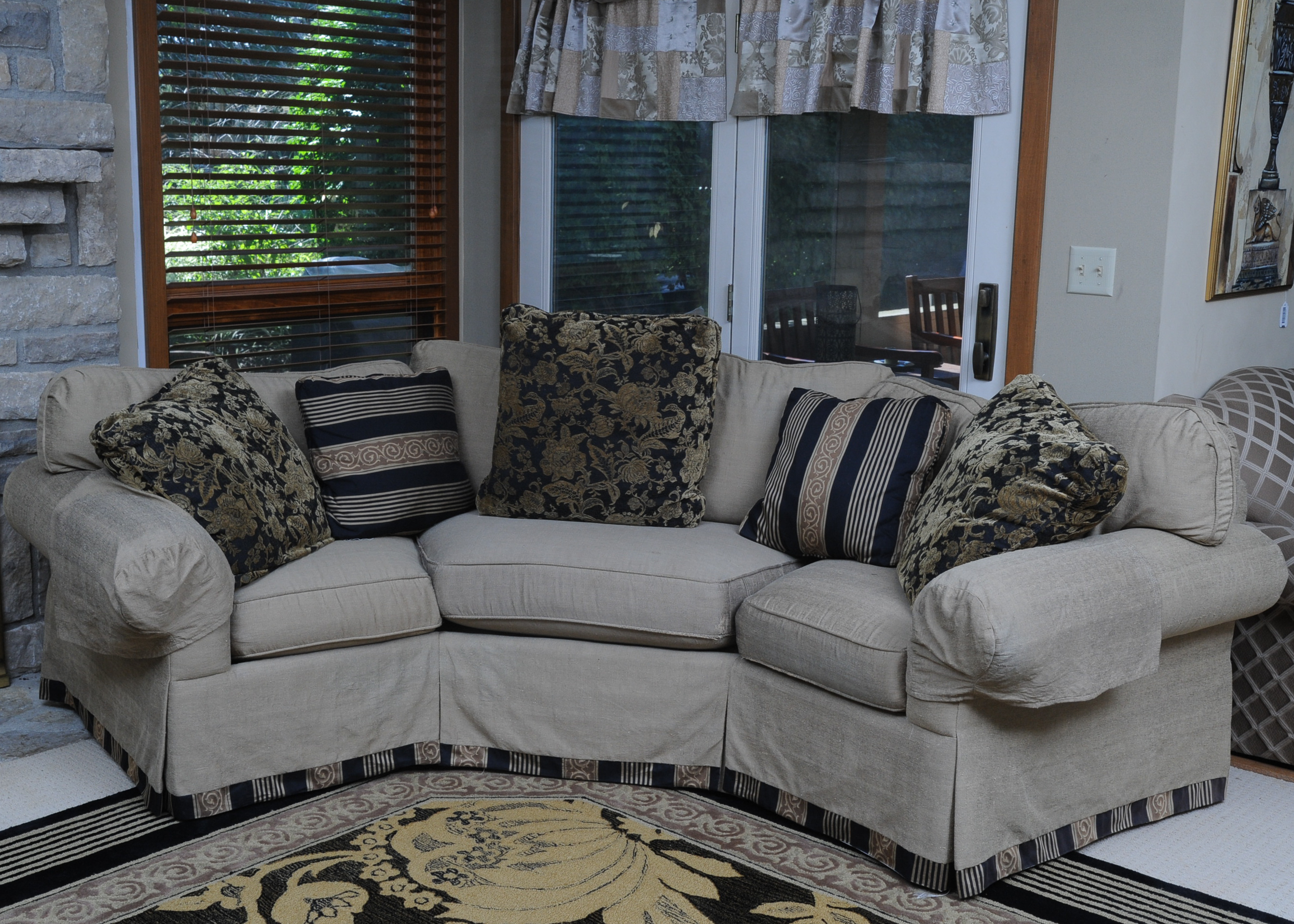 Custom Upholstered Half Hexagon Couch and Accent Pillows