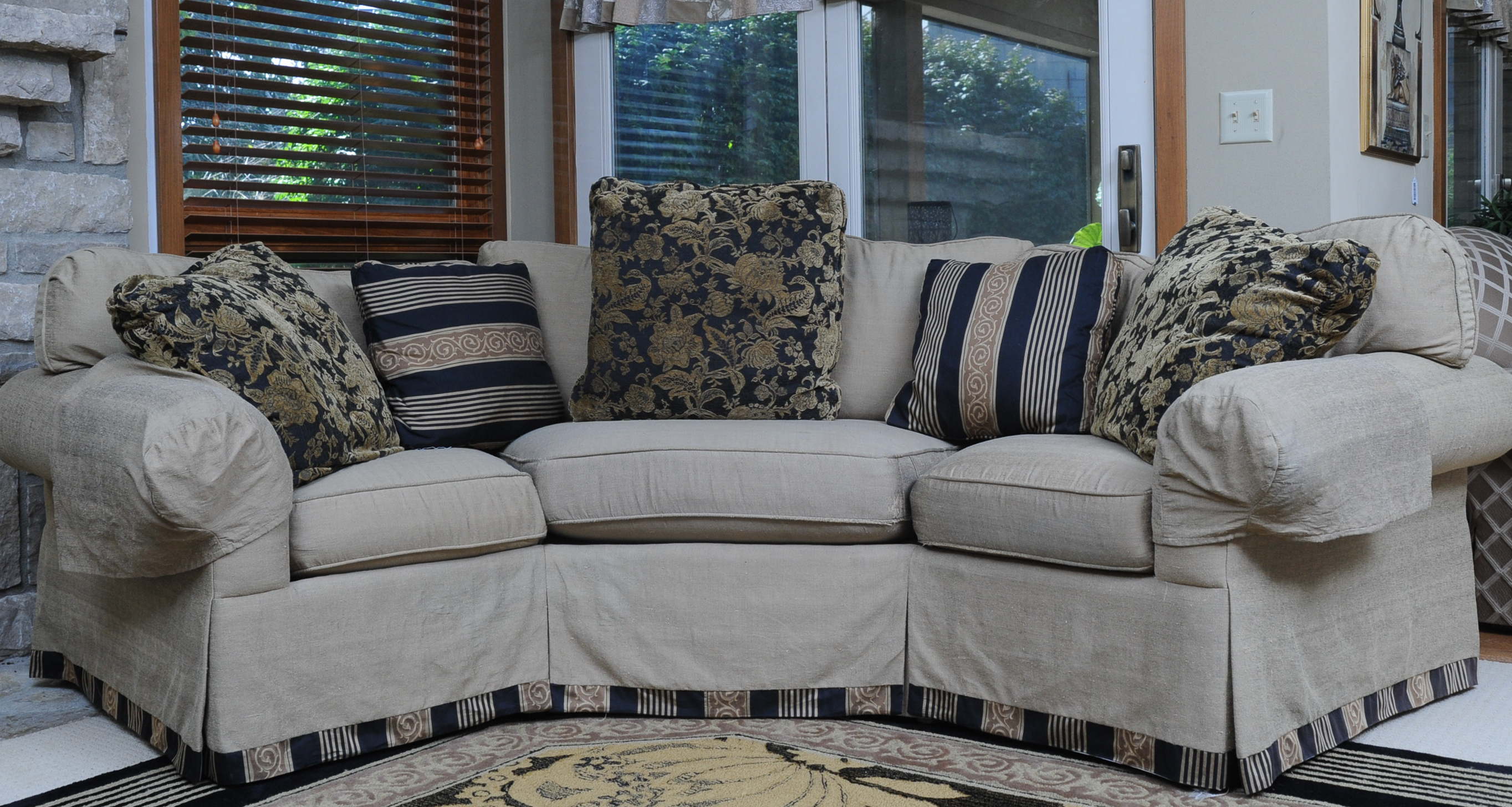 Custom Upholstered Half Hexagon Couch and Accent Pillows