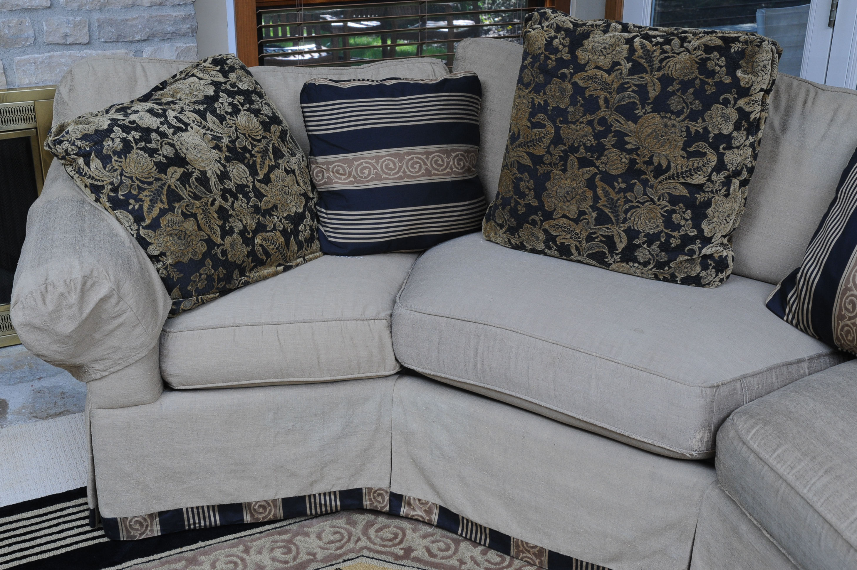 Custom Upholstered Half Hexagon Couch and Accent Pillows