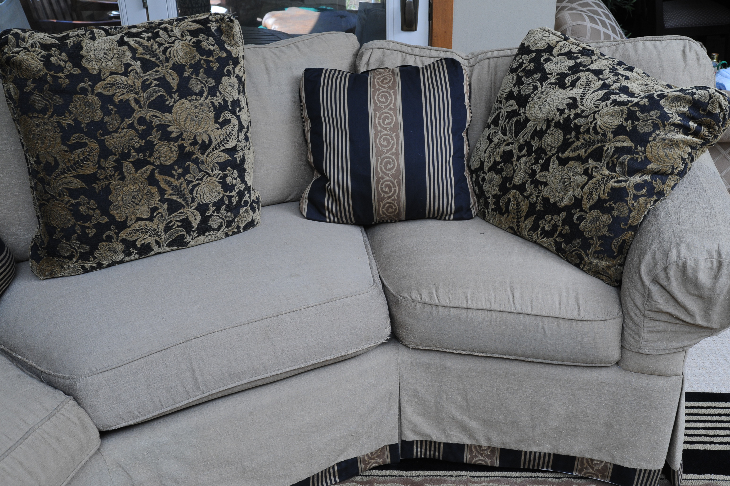 Custom Upholstered Half Hexagon Couch and Accent Pillows