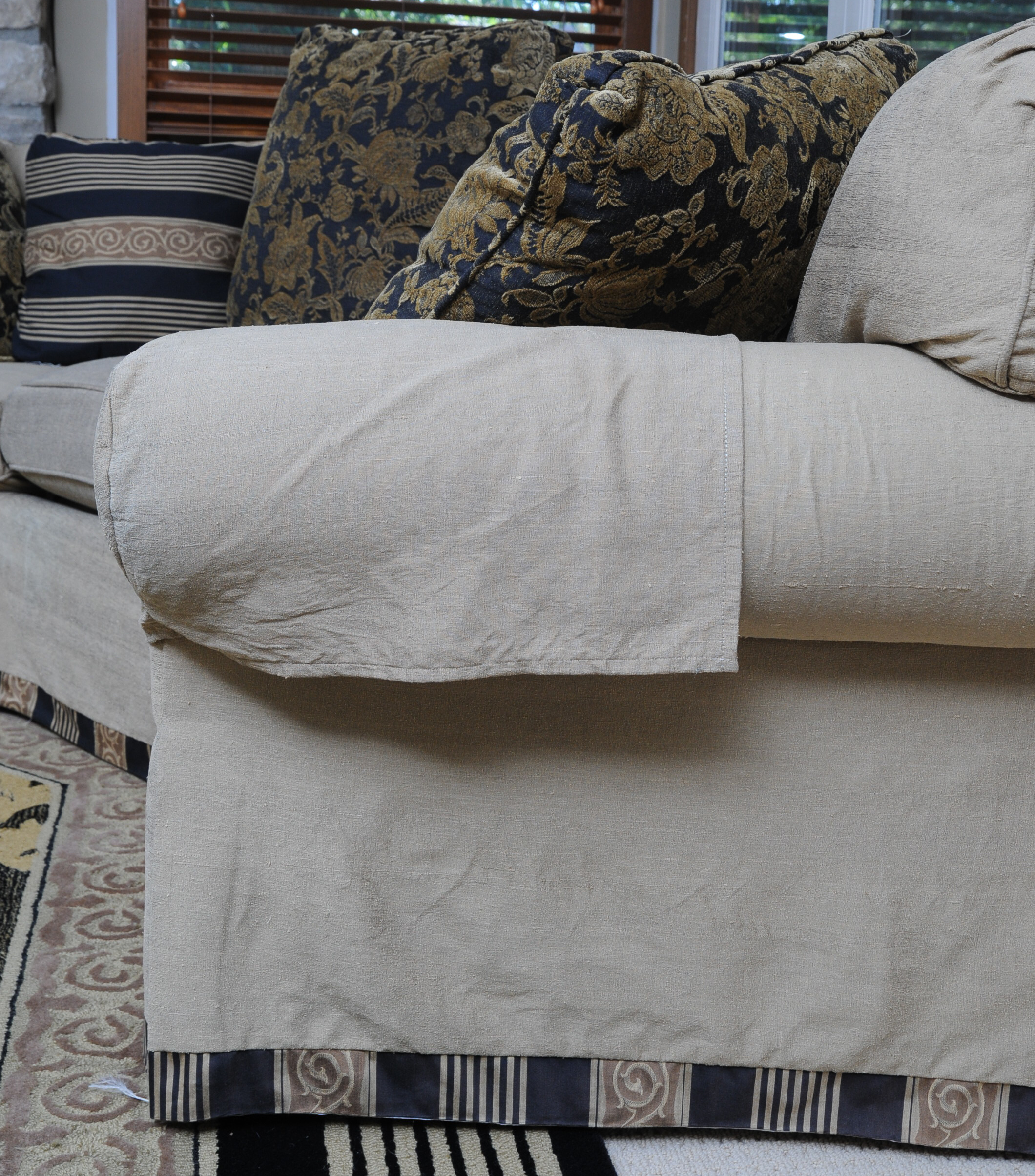 Custom Upholstered Half Hexagon Couch and Accent Pillows