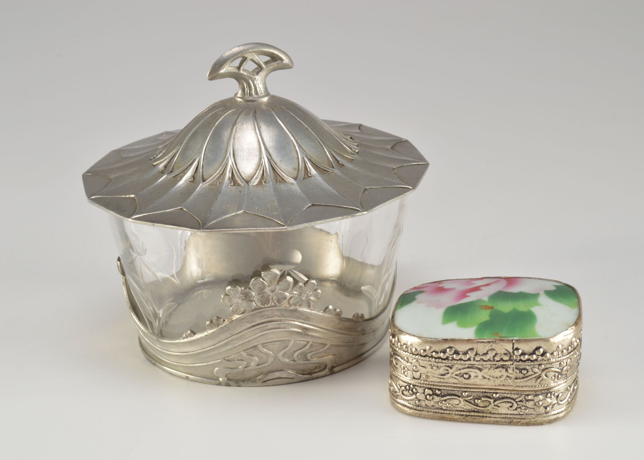 Lidded metal and Glass Candy Dish and Silver Plate Trinket