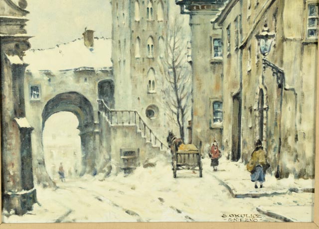 Original Oil on Canvas by Stanislaw Okulicz - Winter Cityscape
