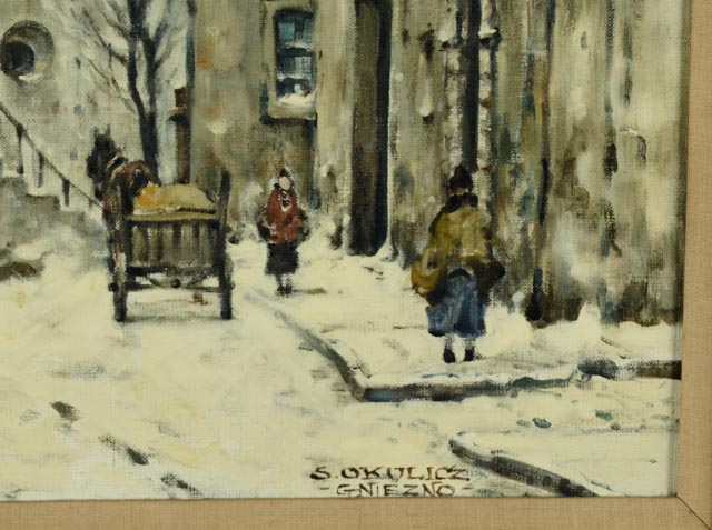 Original Oil on Canvas by Stanislaw Okulicz - Winter Cityscape