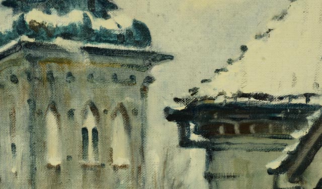 Original Oil on Canvas by Stanislaw Okulicz - Winter Cityscape