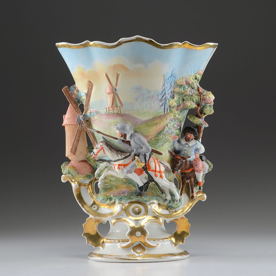 Victorian Porcelain Vase with Figures from "Don Quixote"