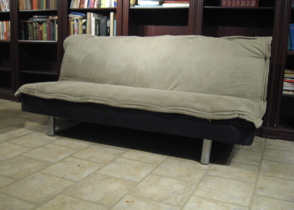 Black Futon with a Tan Suede Microfiber Cushion