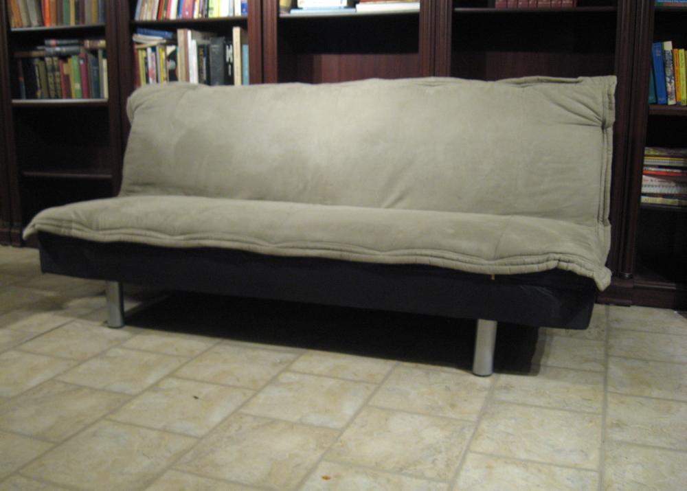 Black Futon with a Tan Suede Microfiber Cushion
