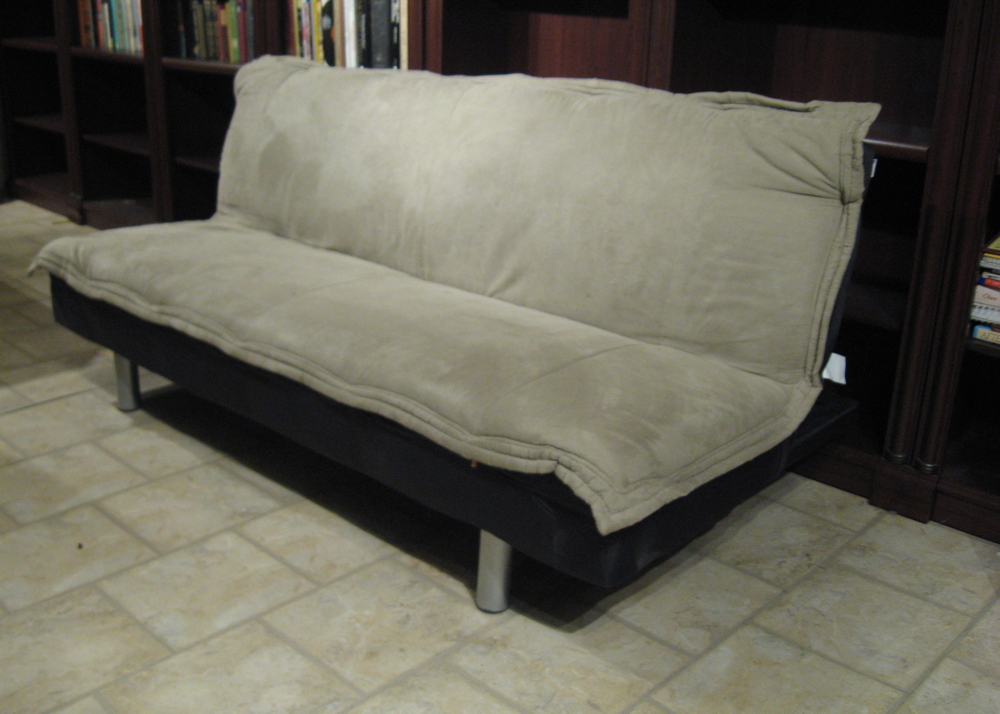 Black Futon with a Tan Suede Microfiber Cushion