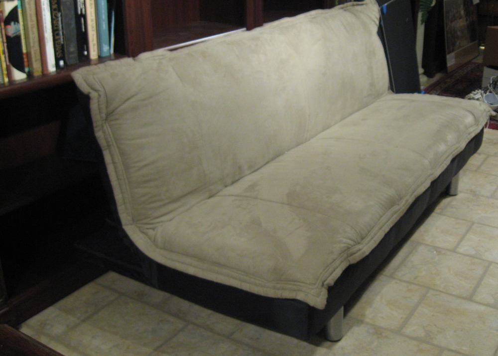 Black Futon with a Tan Suede Microfiber Cushion