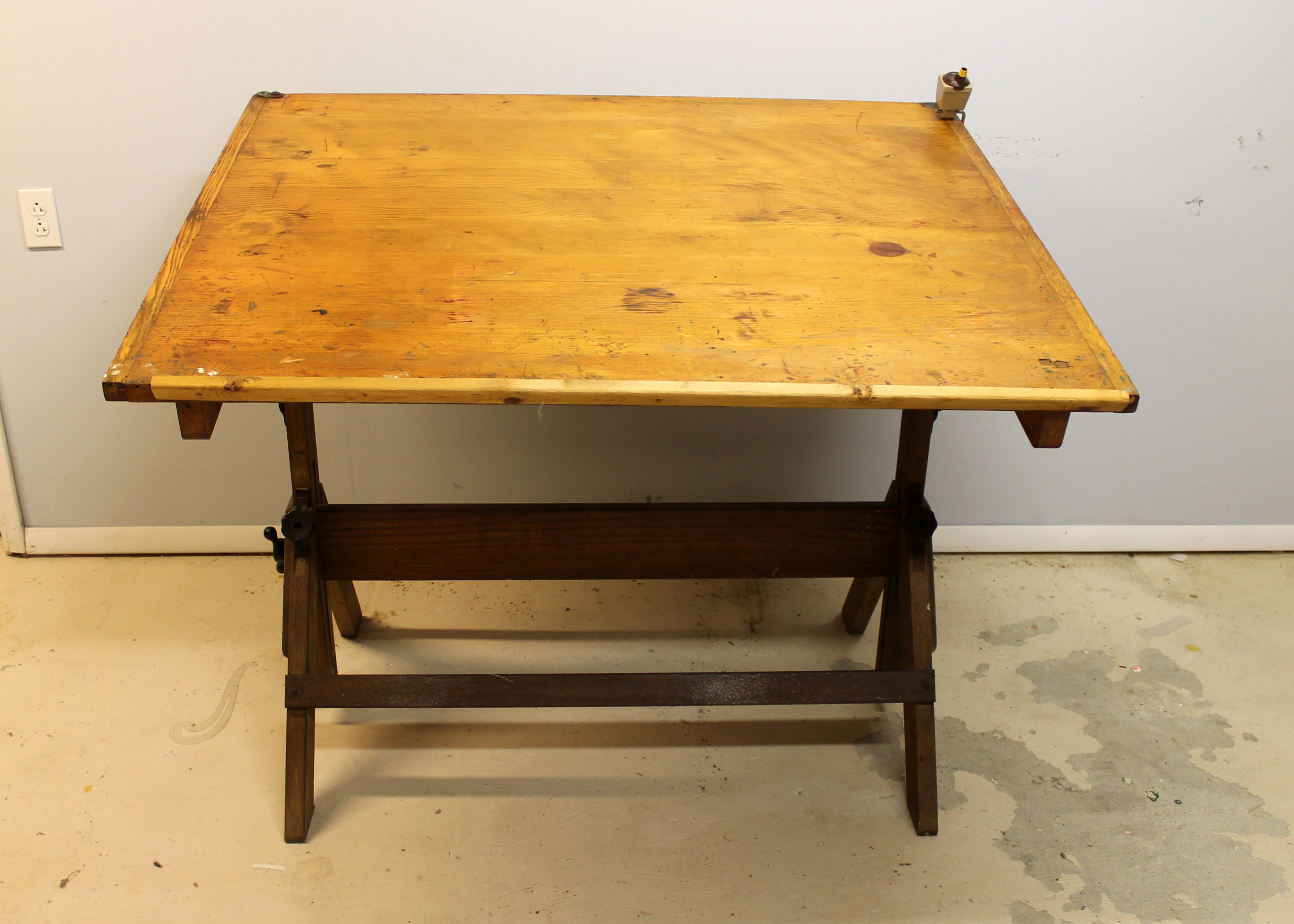 Mid-Century American Industrial Oak Drafting Table By Hamilton   