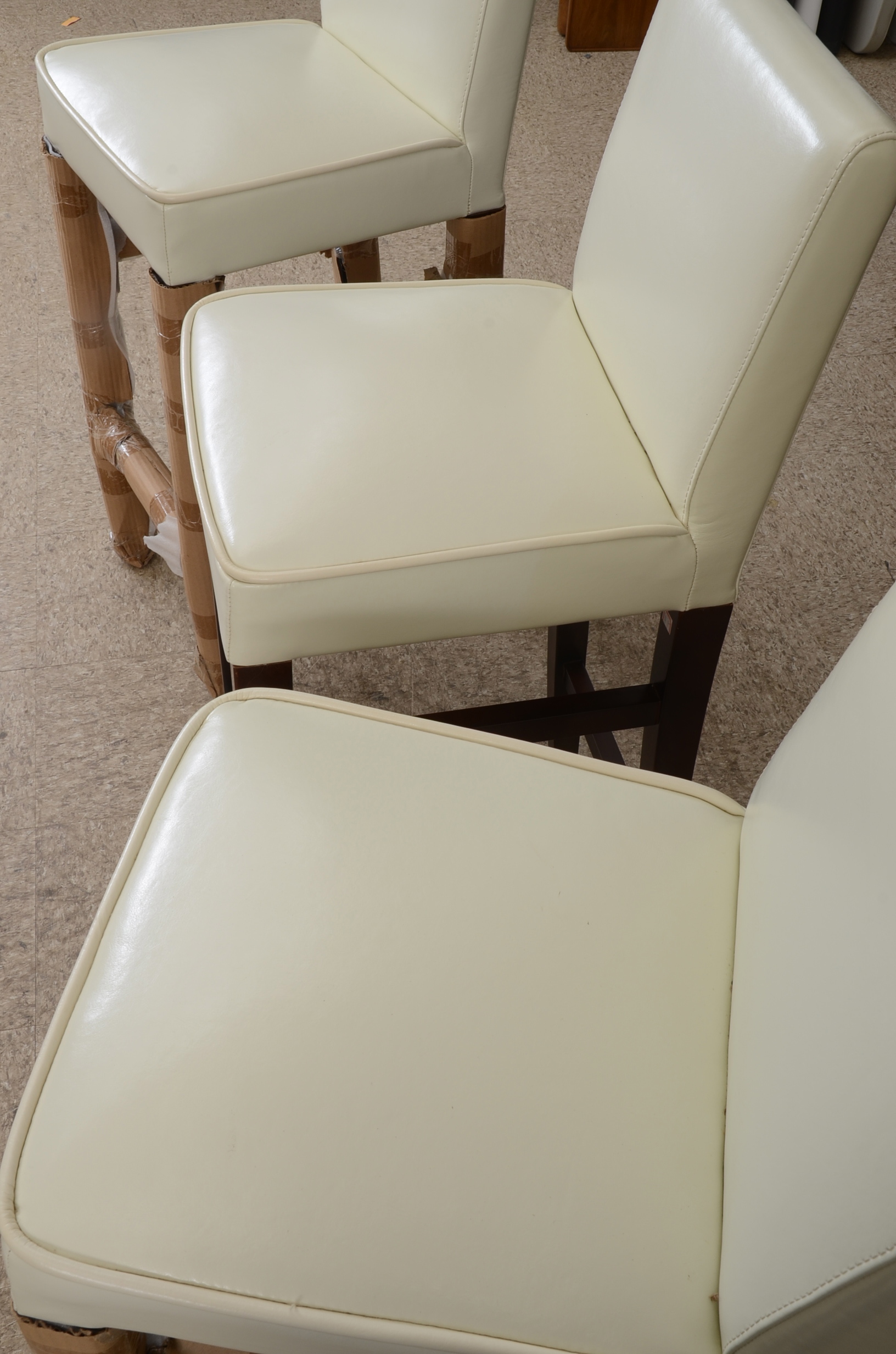 Set of Three White Leather Bar Stools