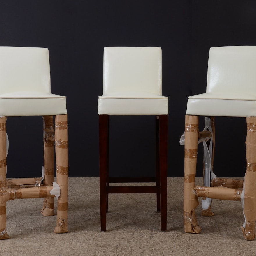 Set of Three White Leather Bar Stools