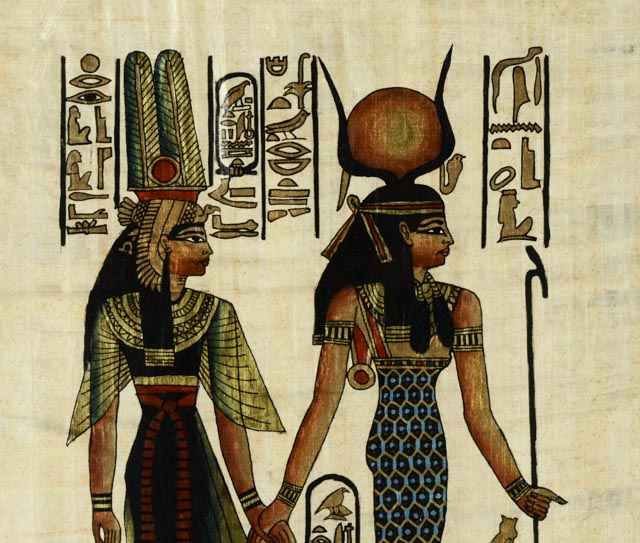 Egyptian Painting on Papyrus of Hathor and Nefertari 