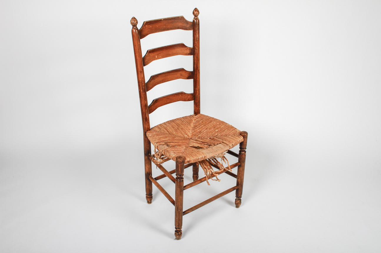 Antique French Ladder Back Side Chair with Rush Seat
