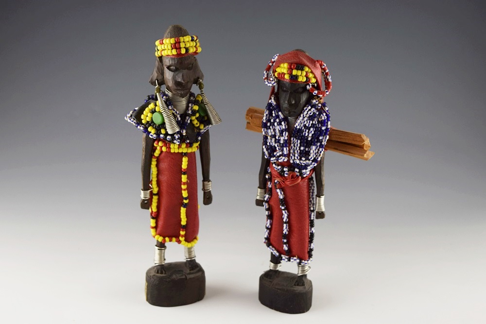 Carved African Mombasa Warrior Figures with Beads, Circa 1960's