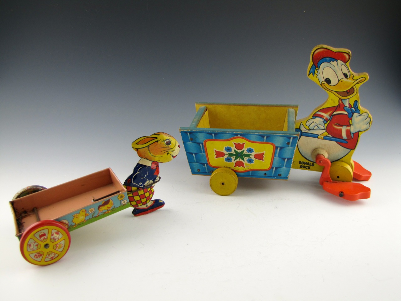 Vintage Donald Duck and J.Chein Bunny Litho Pull Cart Toys