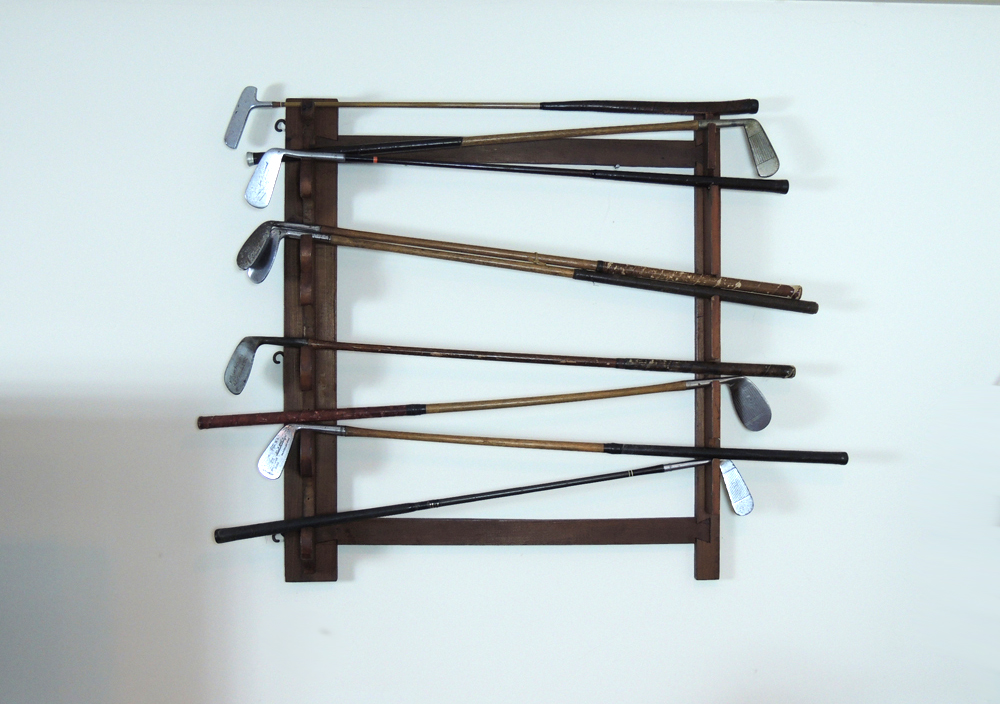 Nine Vintage Wooden Shaft and Bamboo Golf Clubs with Rack