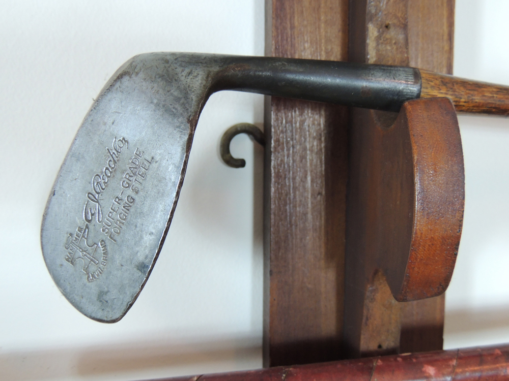 Nine Vintage Wooden Shaft and Bamboo Golf Clubs with Rack