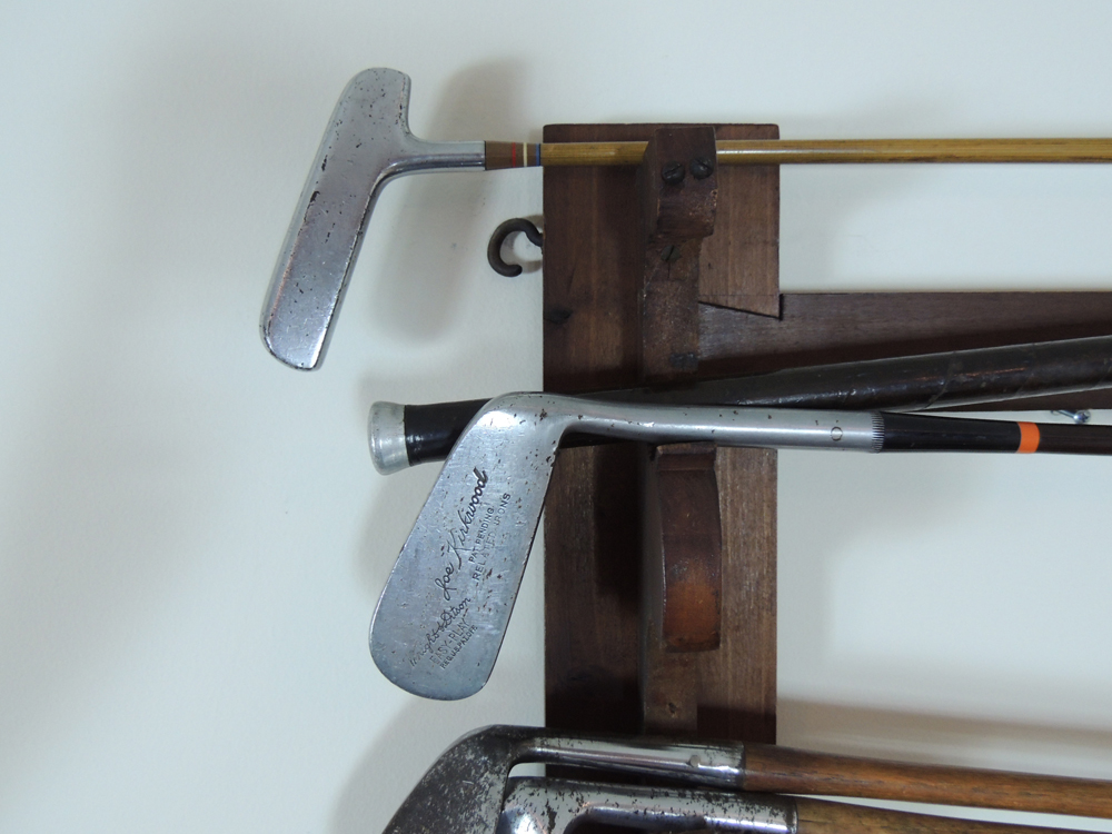 Nine Vintage Wooden Shaft and Bamboo Golf Clubs with Rack