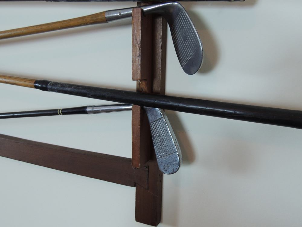 Nine Vintage Wooden Shaft and Bamboo Golf Clubs with Rack