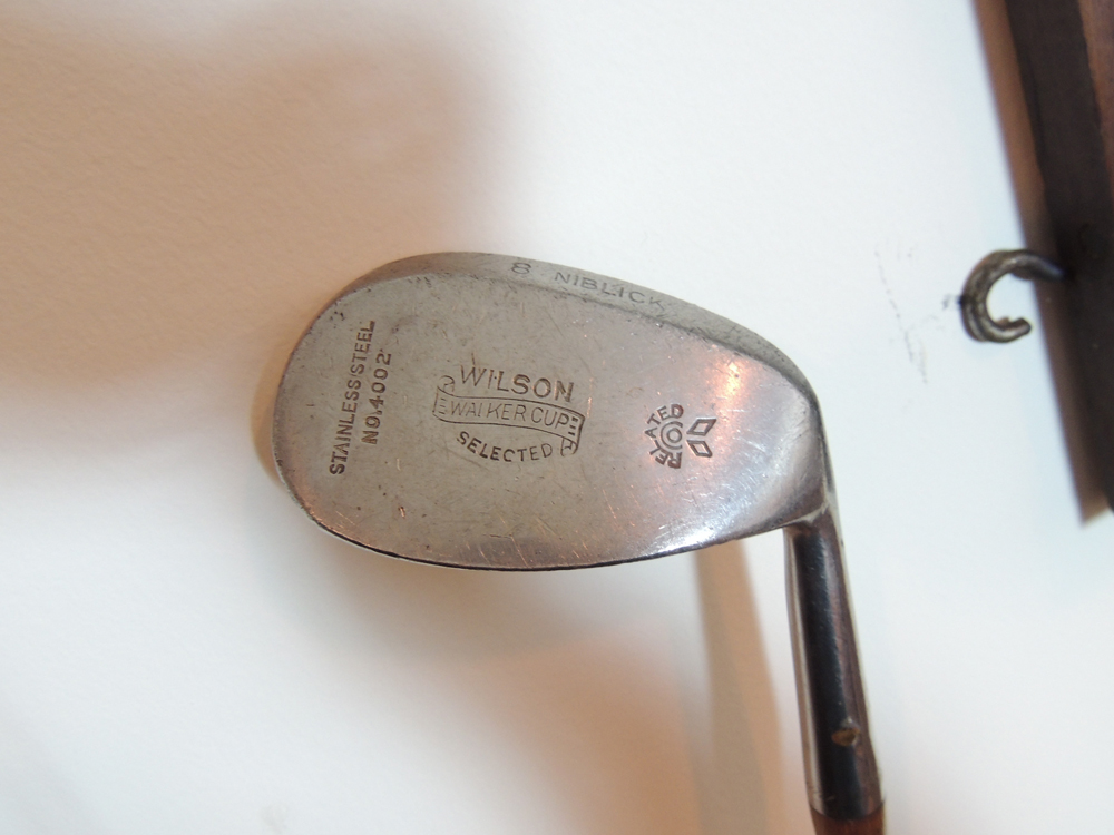 Nine Vintage Wooden Shaft and Bamboo Golf Clubs with Rack