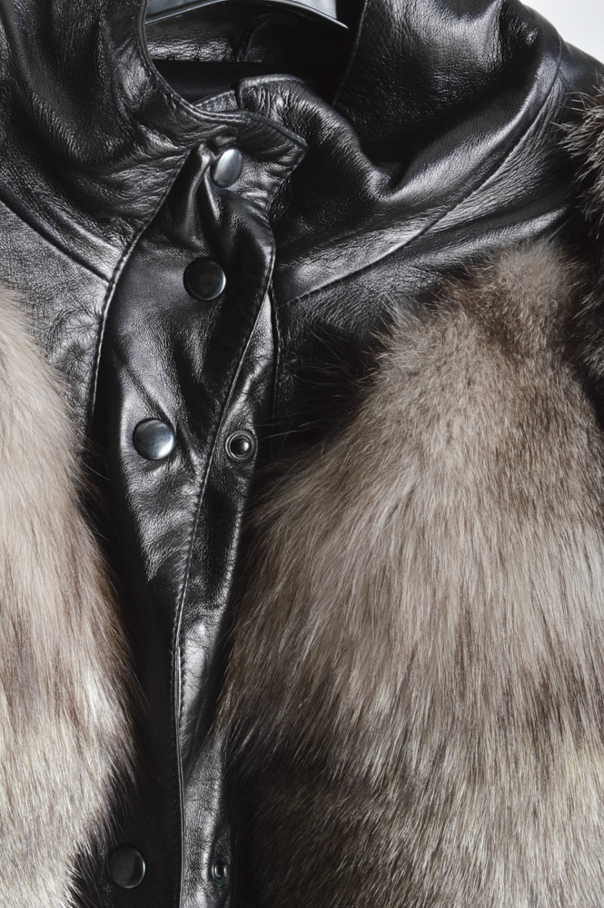 Leather and Silver Fox Fur Jacket With Removable Sleeves