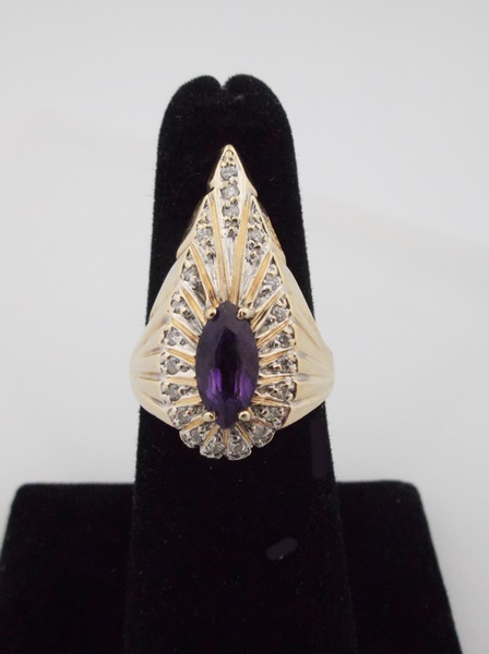 Erte 14K Yellow Gold, Diamond and Amethyst Peacock Ring