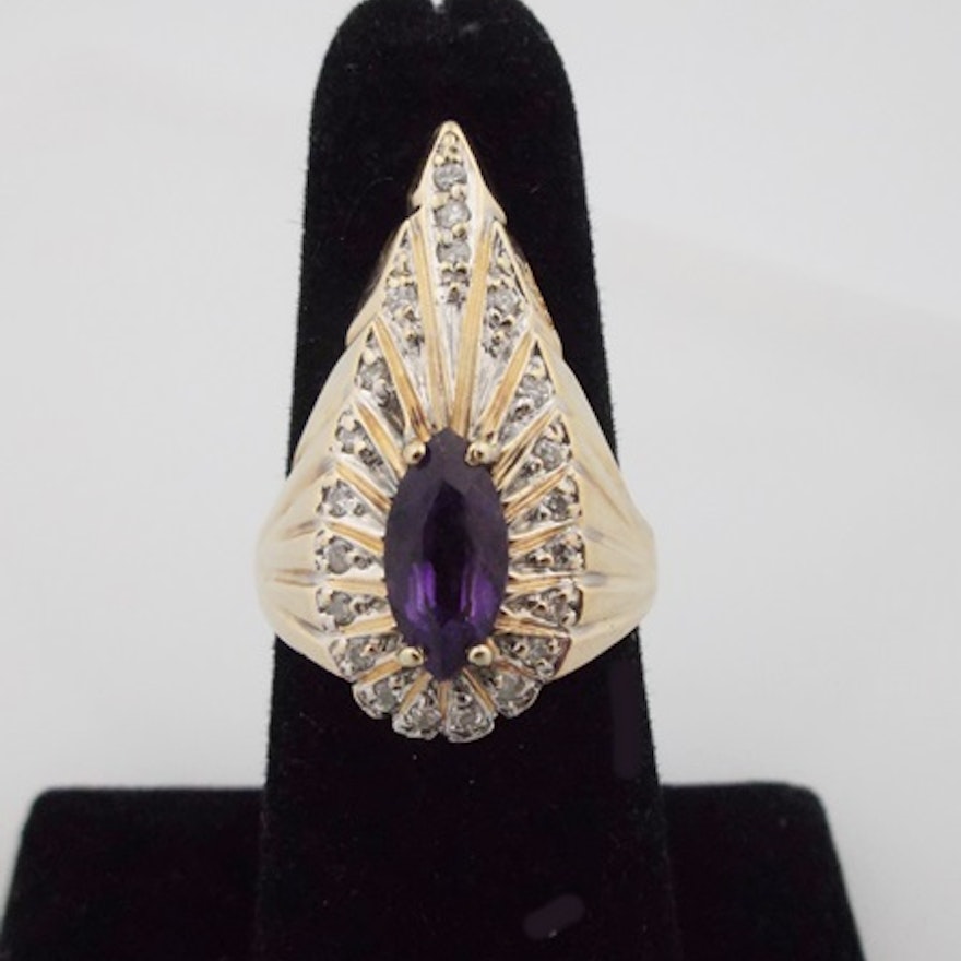 Erte 14K Yellow Gold, Diamond and Amethyst Peacock Ring