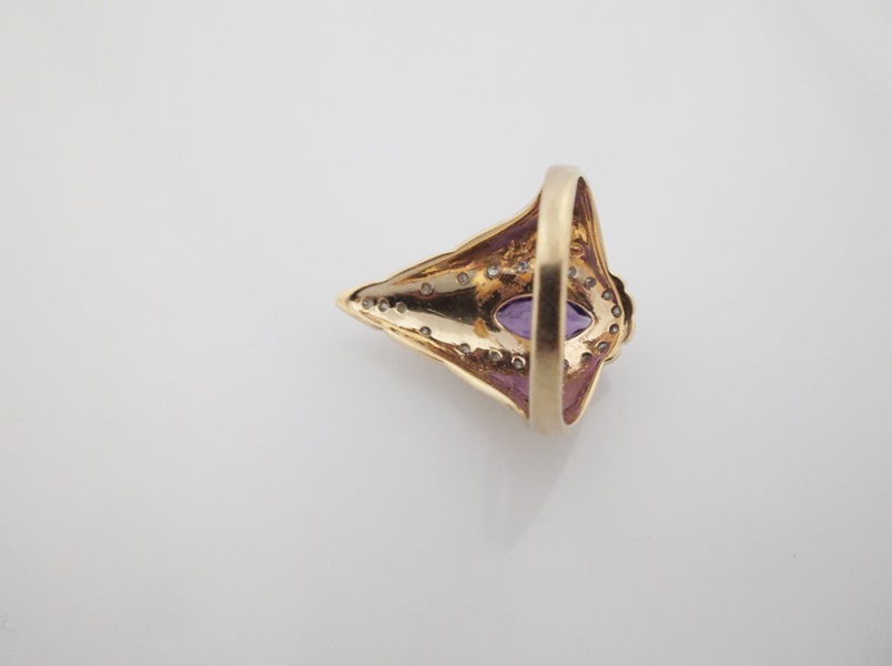 Erte 14K Yellow Gold, Diamond and Amethyst Peacock Ring