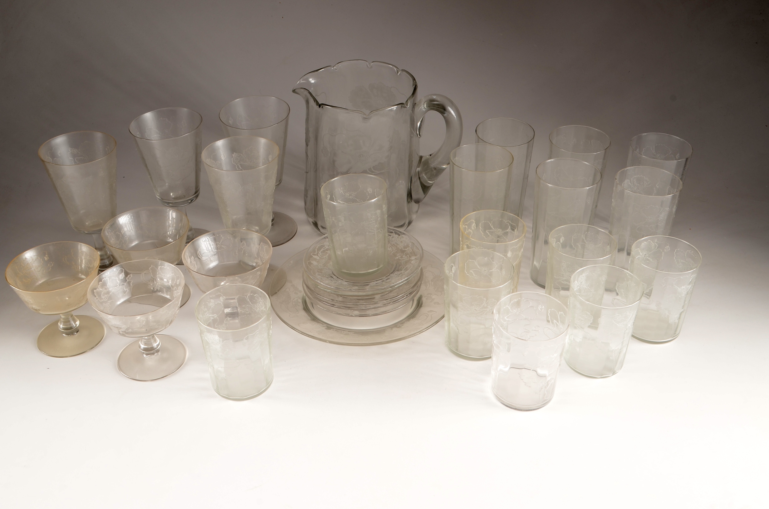Vintage Glassware Set with Etched Flowers 