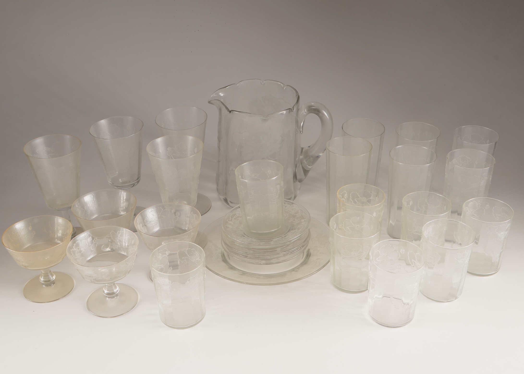 Vintage Glassware Set with Etched Flowers 