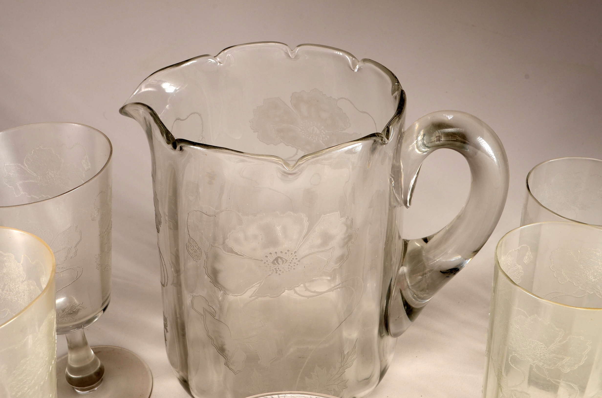 Vintage Glassware Set with Etched Flowers 